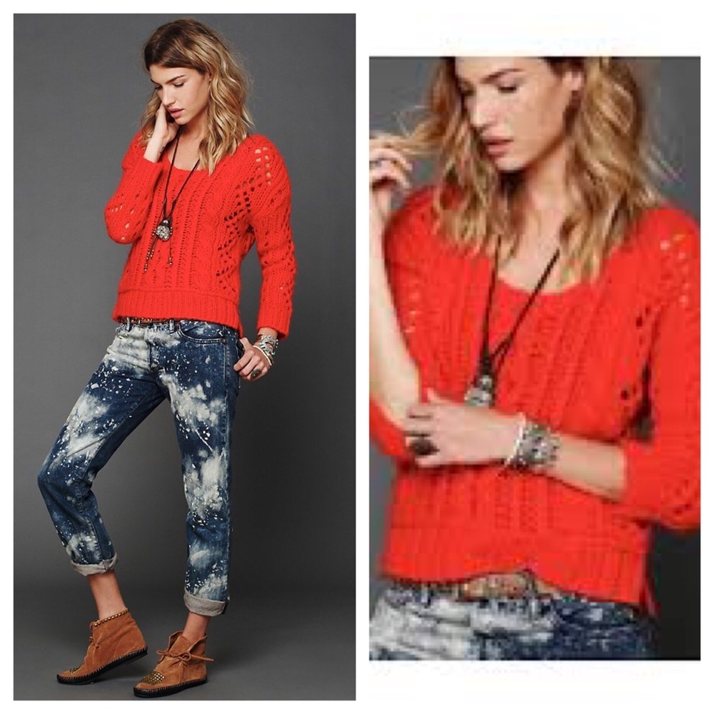 FREE PEOPLE Red knit FLUFF sweater crochet xs s
